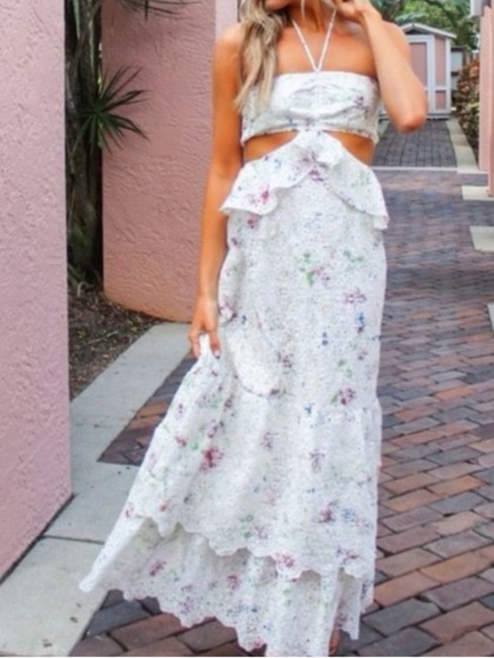 Gianni Bini White Floral Eyelet Halter Maxi Dress